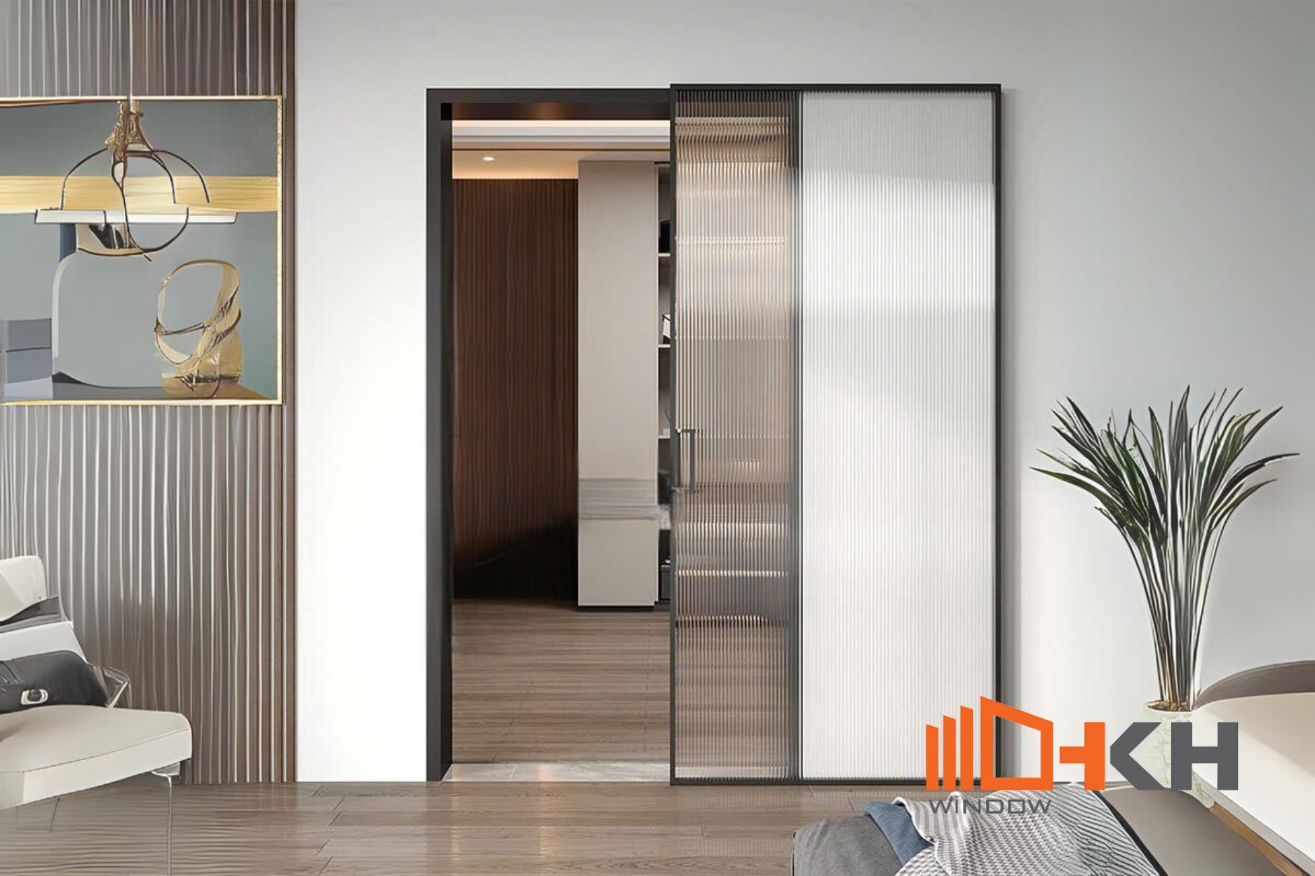 Hình 3. Cửa nhôm hệ slim 1 cánh mở lùa tàng hình + kính sọc thích hợp lắp đặt các vị trí không gian hẹp, cần có thẩm mỹ cao
