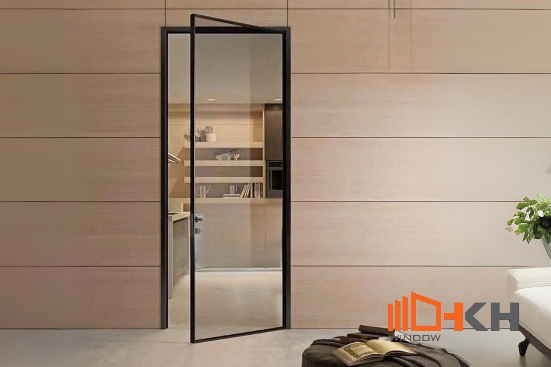 Hình 1. Cửa nhôm hệ slim 1 cánh mở quay phù hợp với các lối đi như nhà vệ sinh, phòng bếp