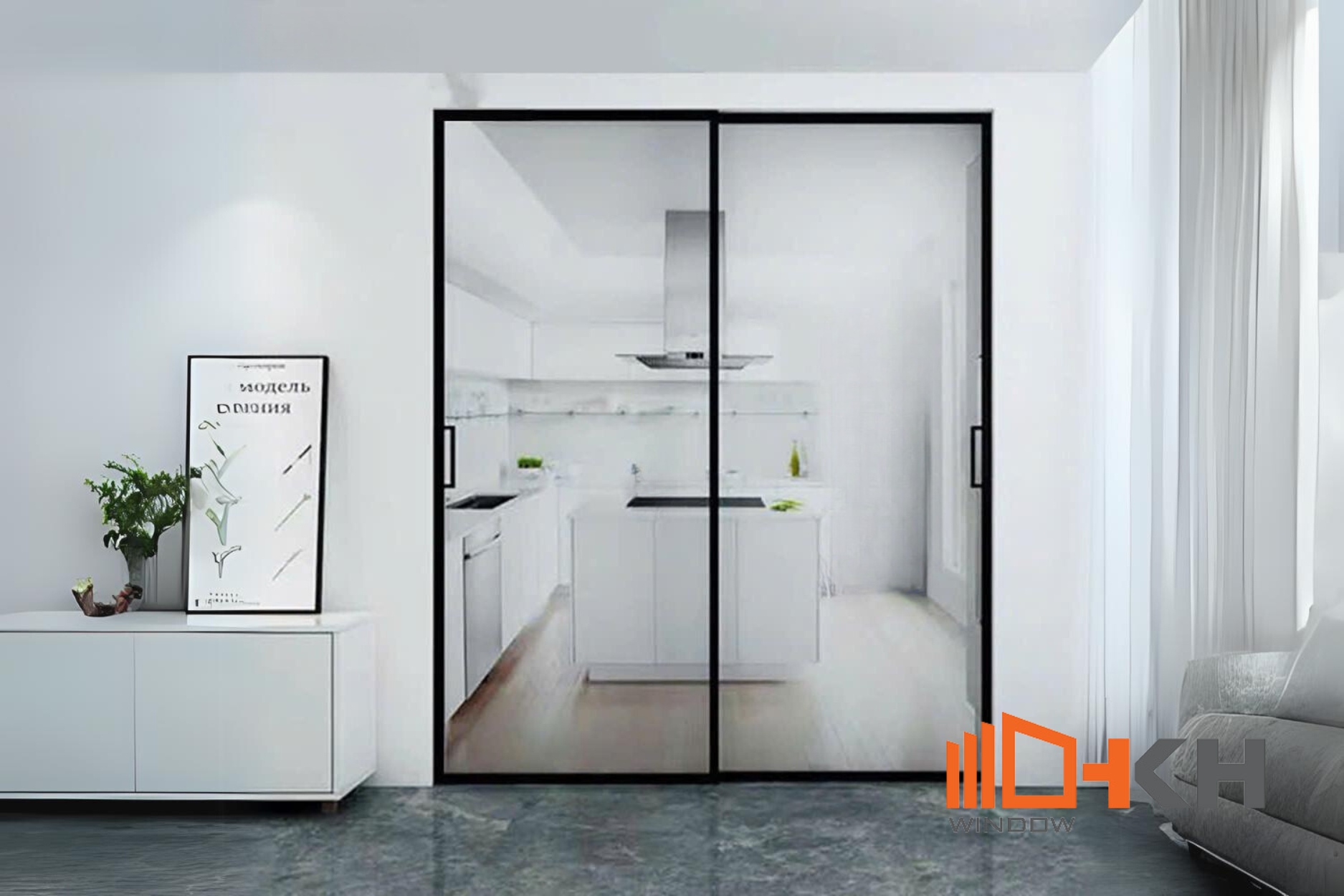Hình 4. Cửa nhôm hệ slim mở lùa 2 cánh thích hợp ngăn mùi thức ăn từ bếp lên phòng khách