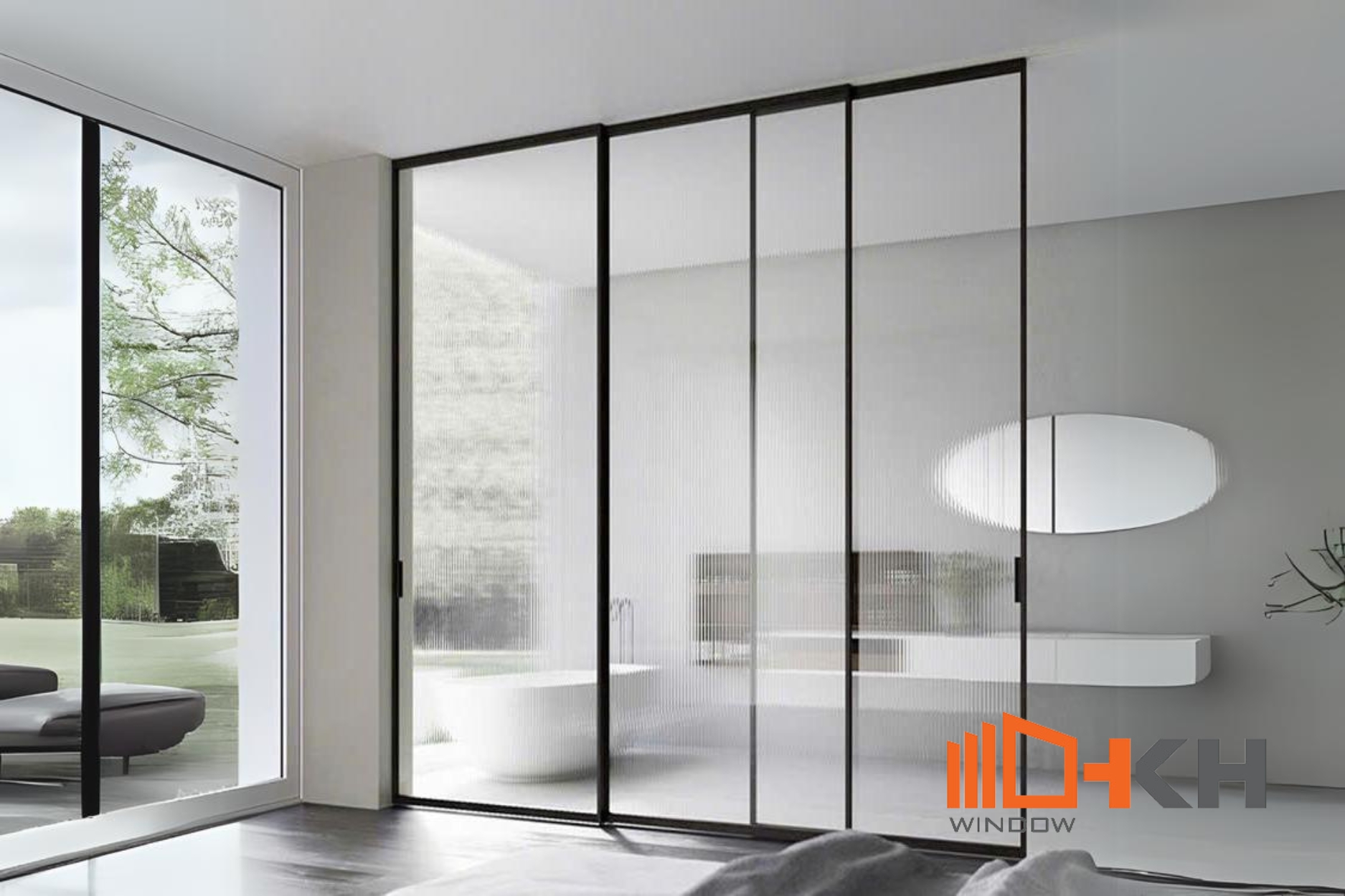 Hình 5. Cửa nhôm hệ slim mở lùa 3 cánh vách ngăn nhà vệ sinh phù hợp các không gian lớn như biệt thự