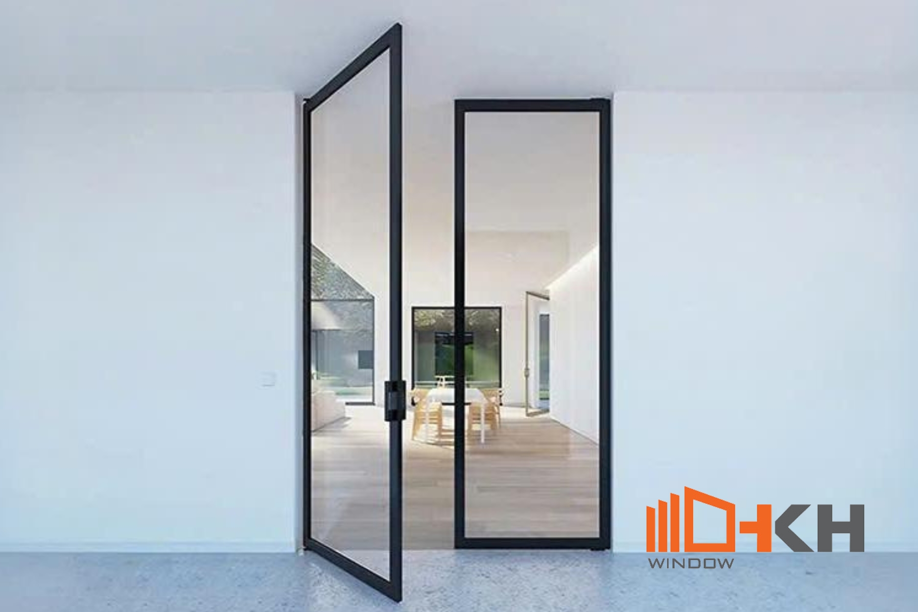 Hình 2. Cửa nhôm hệ slim 2 cánh mở quay màu đen phù hợp các không gian hiên đại, các lỗi đi giữa phòng khách và phòng bếp, phòng ngủ, phòng làm việc